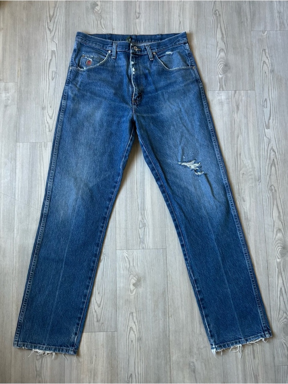 Vintage Dark Blue Straight Denim Jeans with Distressed Detail